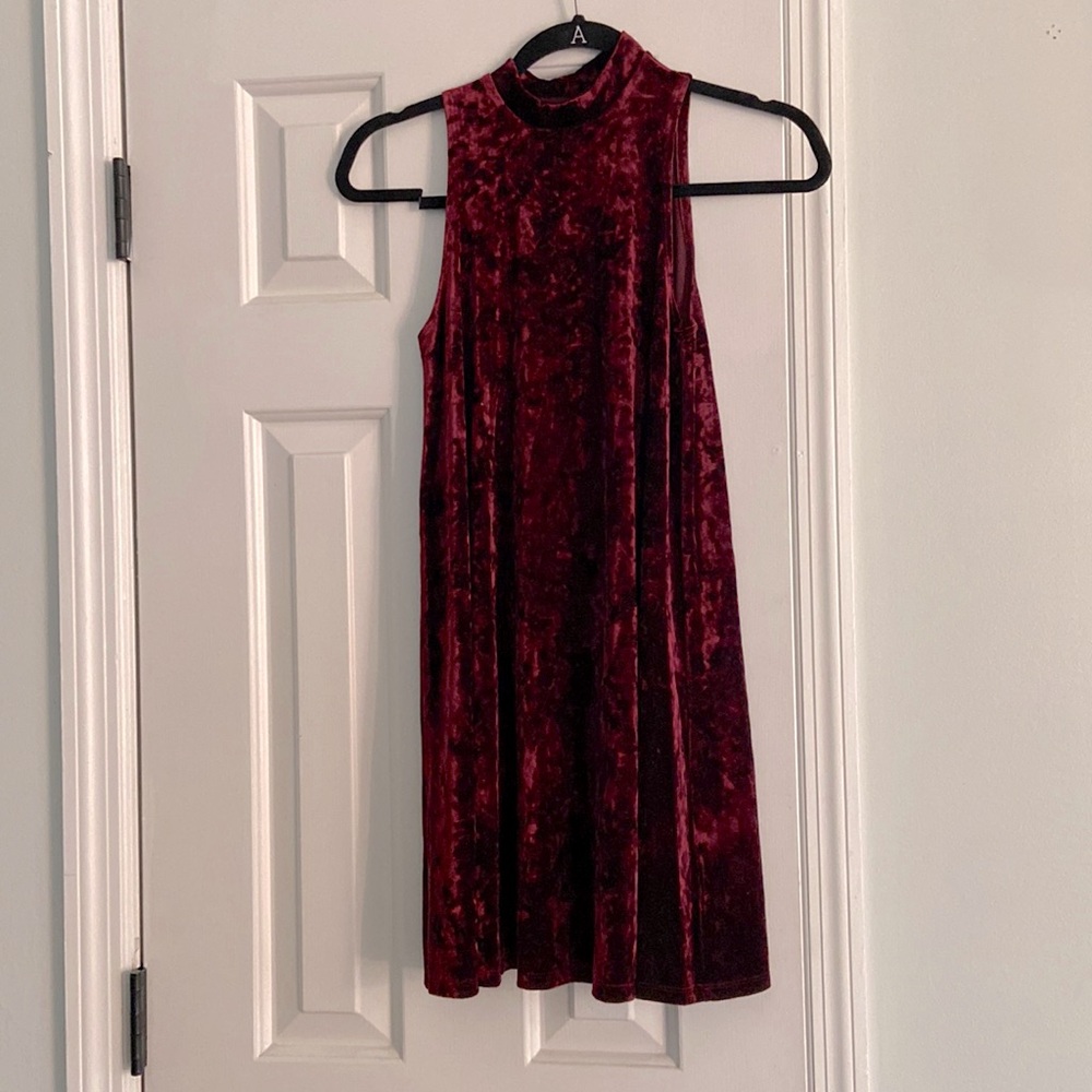 Mock turtleneck maroon velvet dress